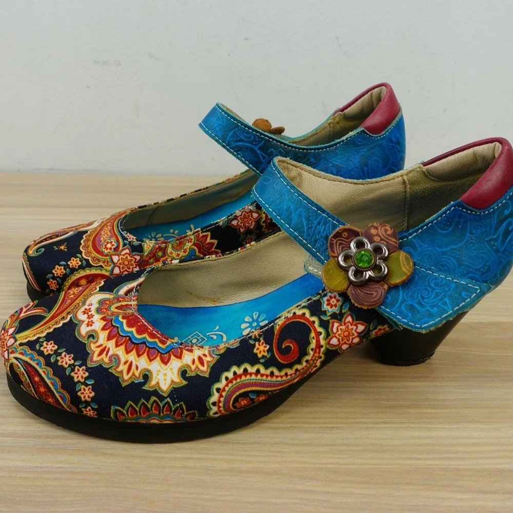 Paisley Mary Jane Pumps Womens 8 Blue Boho Festival Block Heel Artisan SOCOFY 39